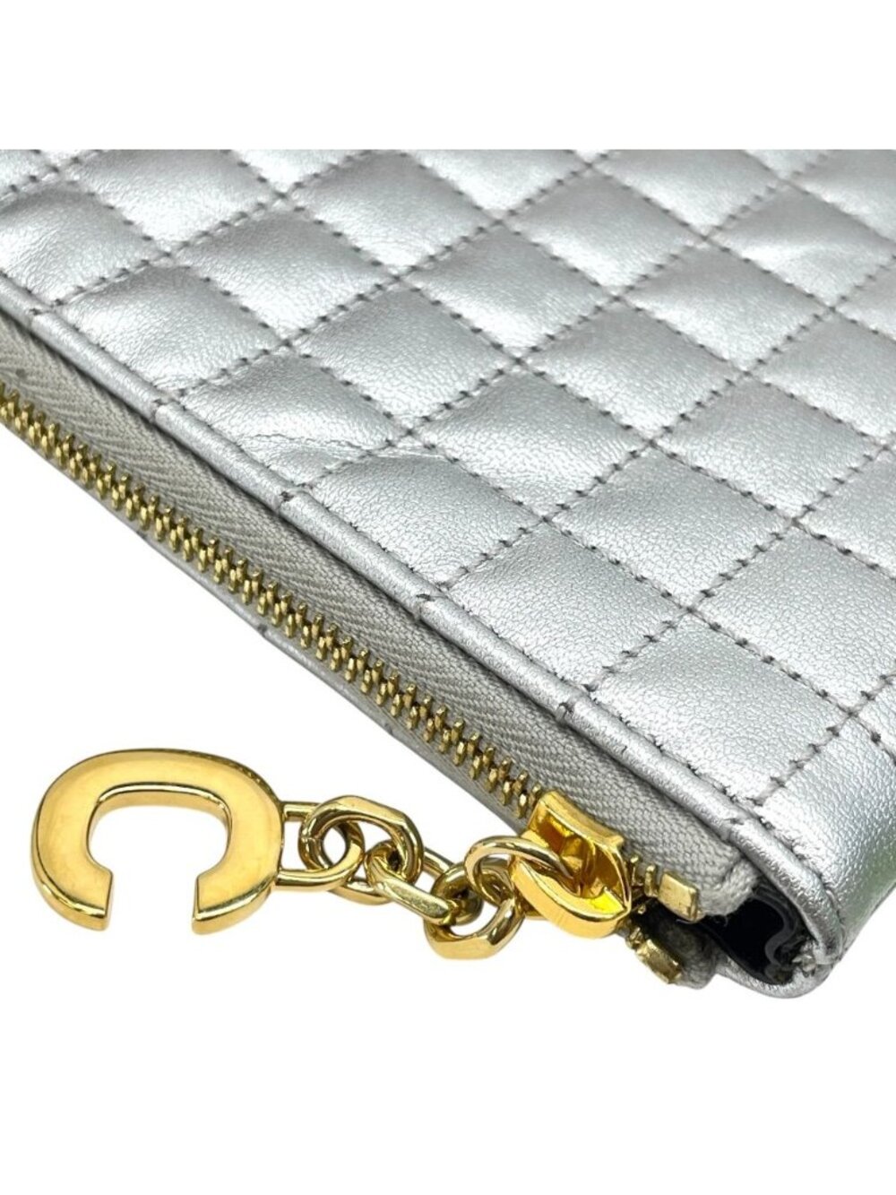 Celine C Charm Coin Purse Card Case Mini Pouch Quilted Leather Silver Simple - Picture 3 of 9